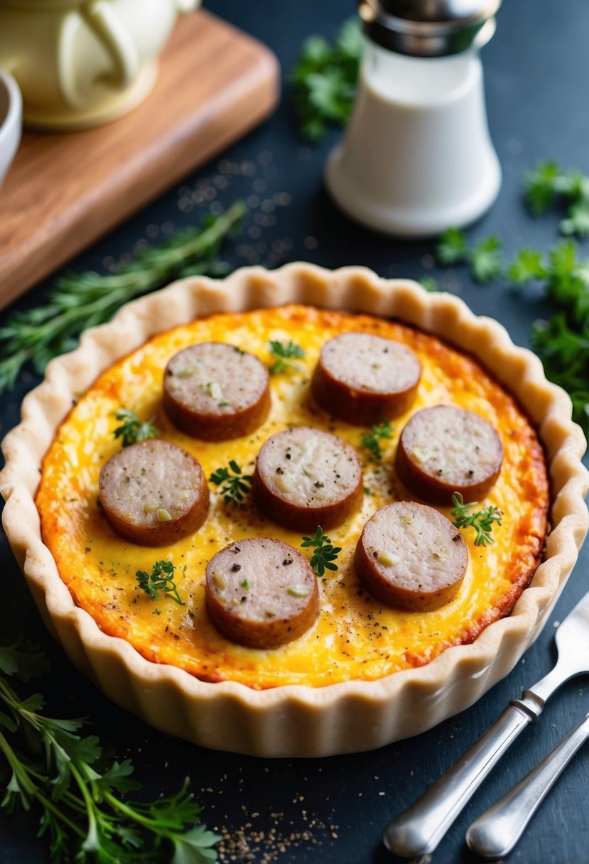 A golden-brown quiche with slices of sausage and melted cheese on top, surrounded by fresh herbs and a sprinkle of black pepper