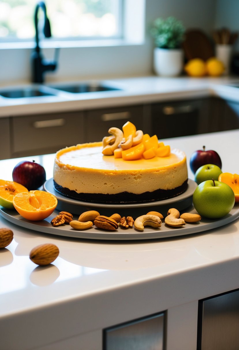 A sleek kitchen counter showcasing a luscious cashew cheesecake, surrounded by fresh, vibrant fruits and nuts