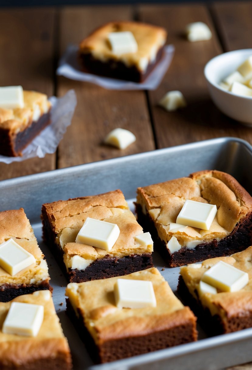 A tray of freshly baked blonde brownies topped with chunks of white chocolate