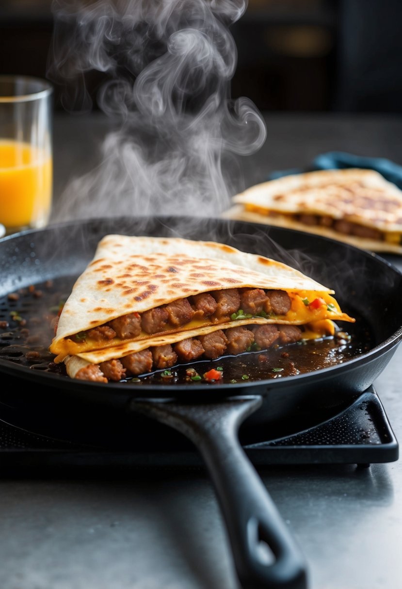 A sizzling sausage quesadilla cooking on a hot skillet, with steam rising and the aroma of savory breakfast filling the air