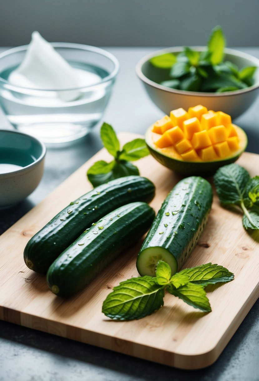 Fresh cucumber, mango, and mint arranged on a clean cutting board. A bowl of water and rice paper nearby