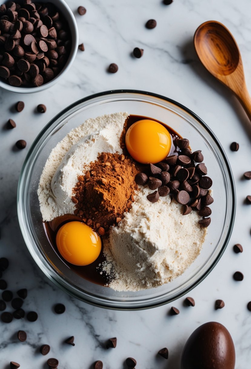 A mixing bowl filled with almond flour, cocoa powder, and eggs, surrounded by scattered chocolate chips and a wooden spoon