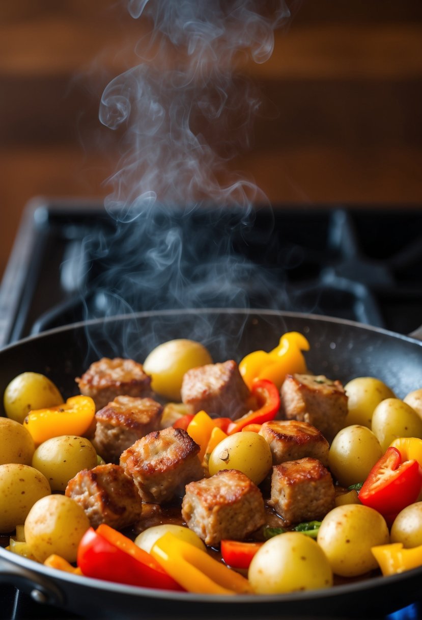 A sizzling skillet holds chunks of savory sausage, golden potatoes, and vibrant bell peppers, emitting a mouthwatering aroma