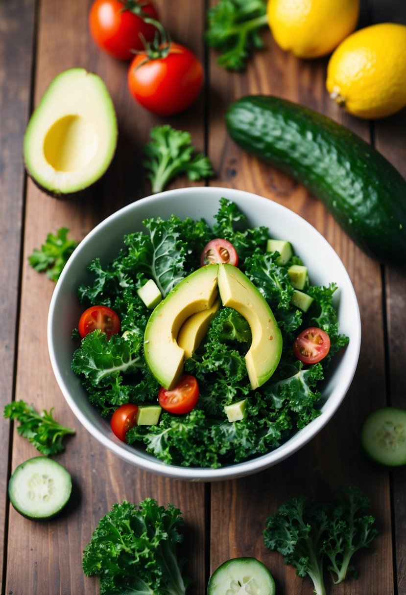 A bowl of kale and avocado salad sits on a wooden table, surrounded by fresh ingredients like tomatoes, cucumbers, and lemon