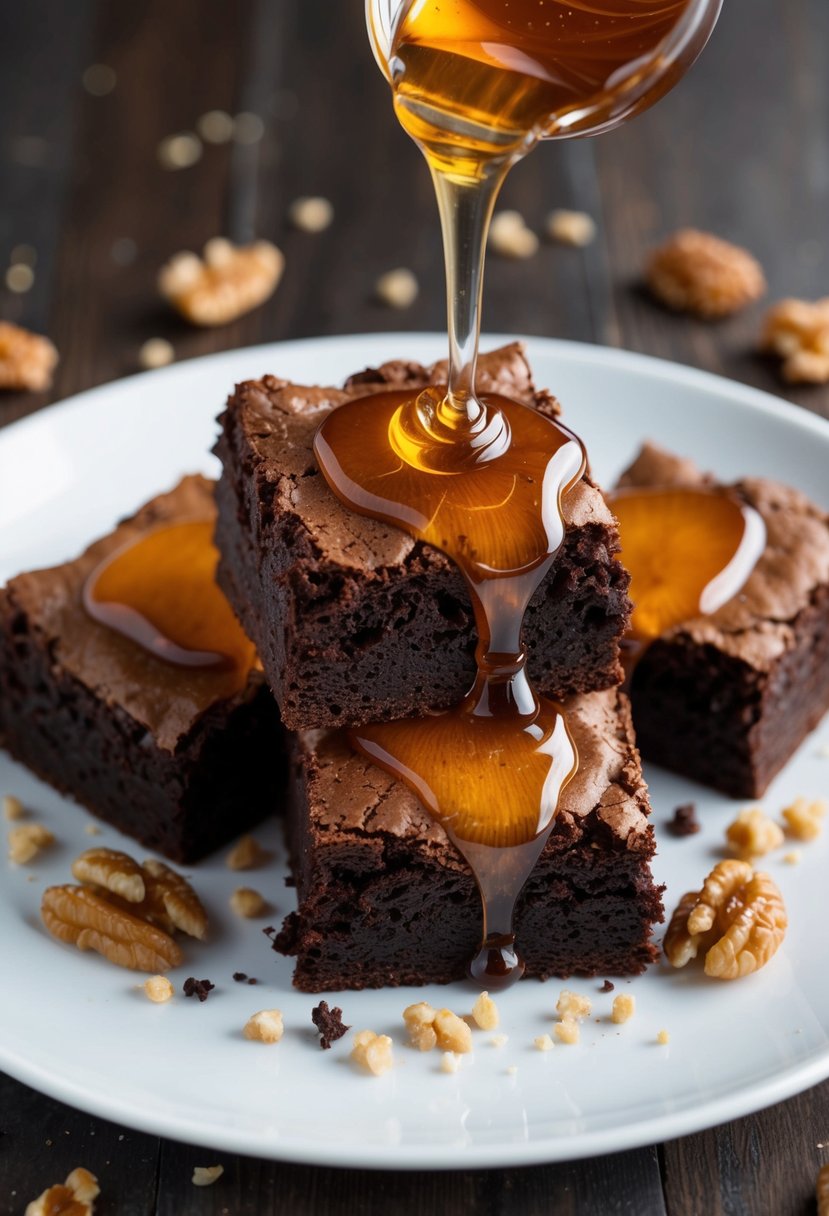 A plate of rich, fudgy brownies with a generous drizzle of honey on top, surrounded by scattered crumbs and a few scattered walnuts