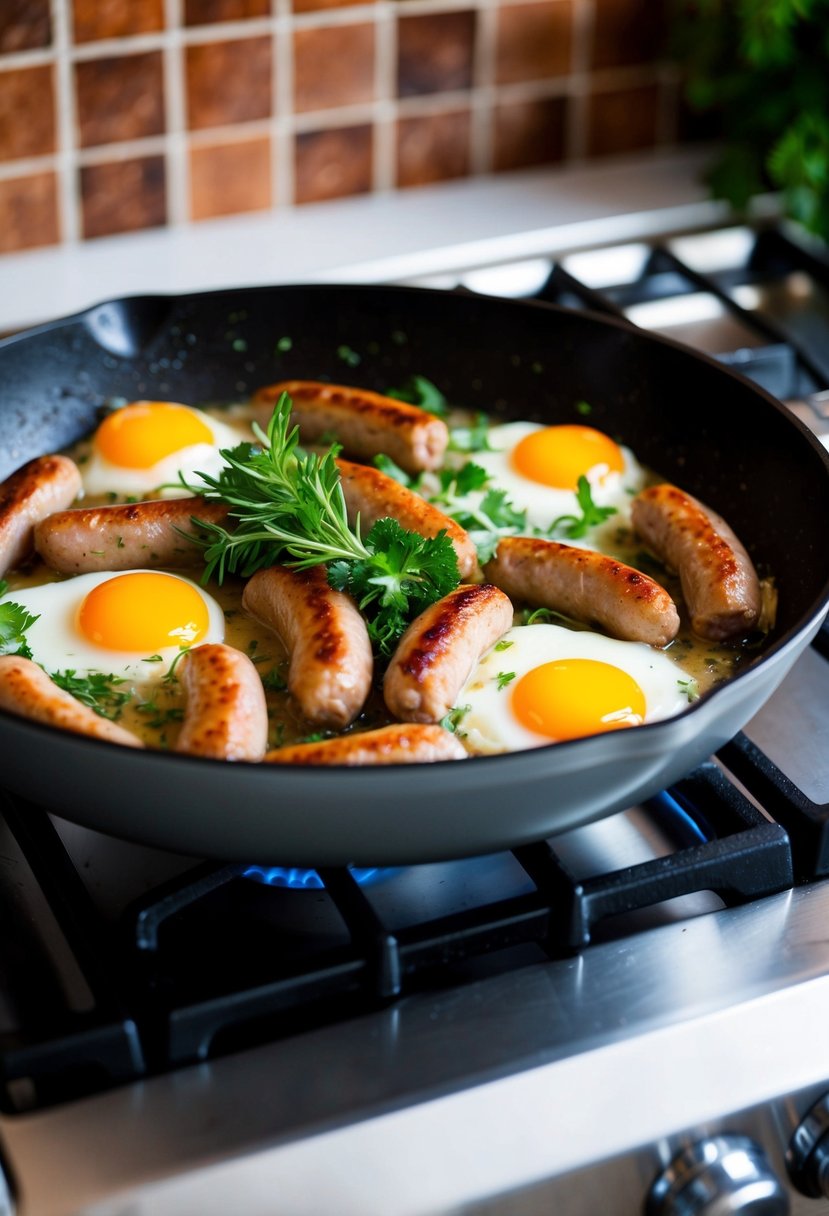 A sizzling skillet of turkey sausage, eggs, and fresh herbs cooking on a stovetop