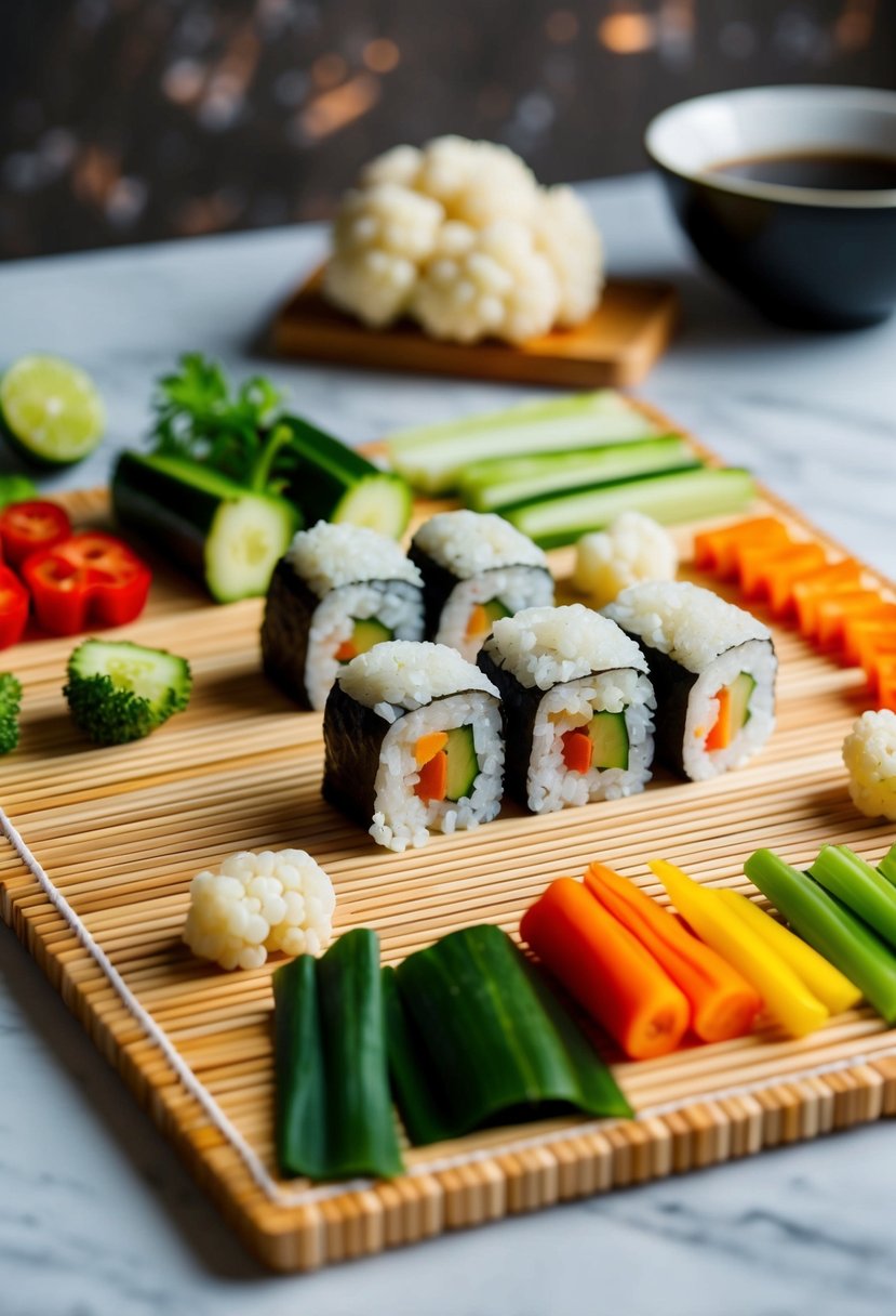 A wooden sushi mat with raw cauliflower rice and various colorful vegetables spread out, ready to be rolled into sushi