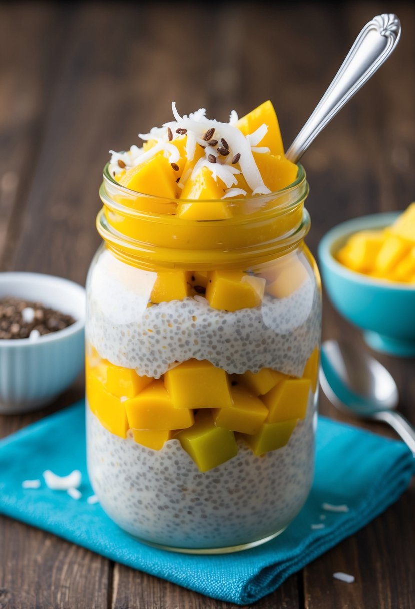 A glass jar filled with layered mango and coconut chia pudding, topped with fresh fruit and shredded coconut