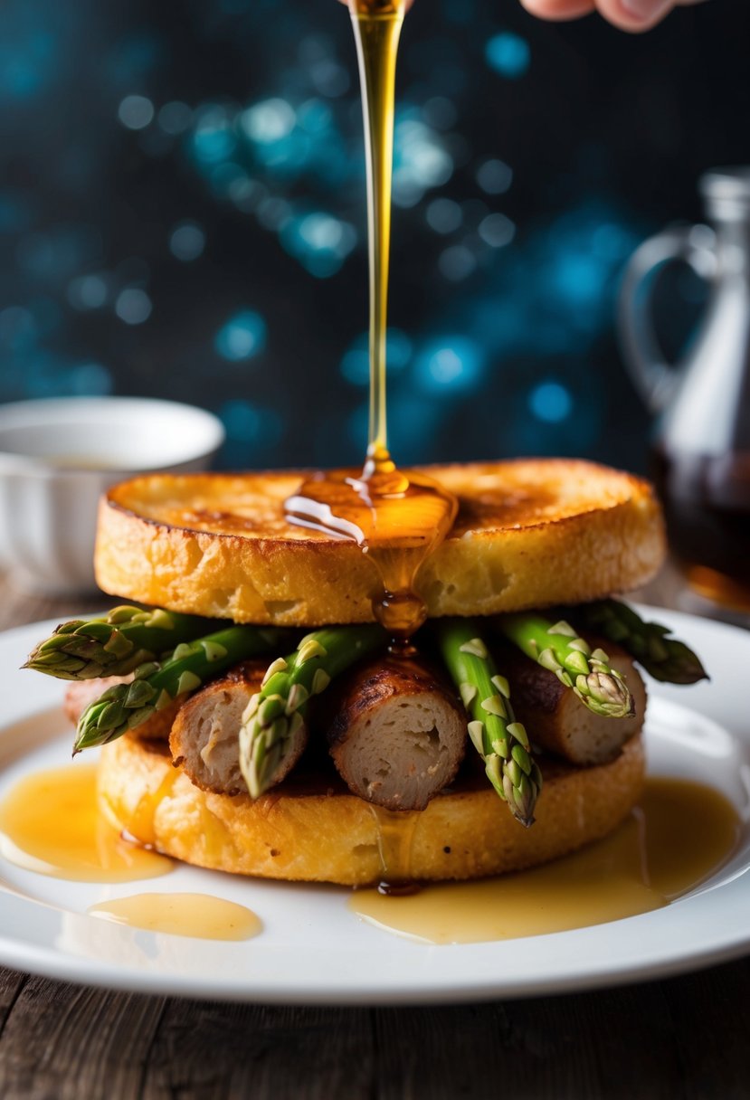 A golden-brown French toast is stuffed with savory sausage and vibrant green asparagus, with a drizzle of syrup on top