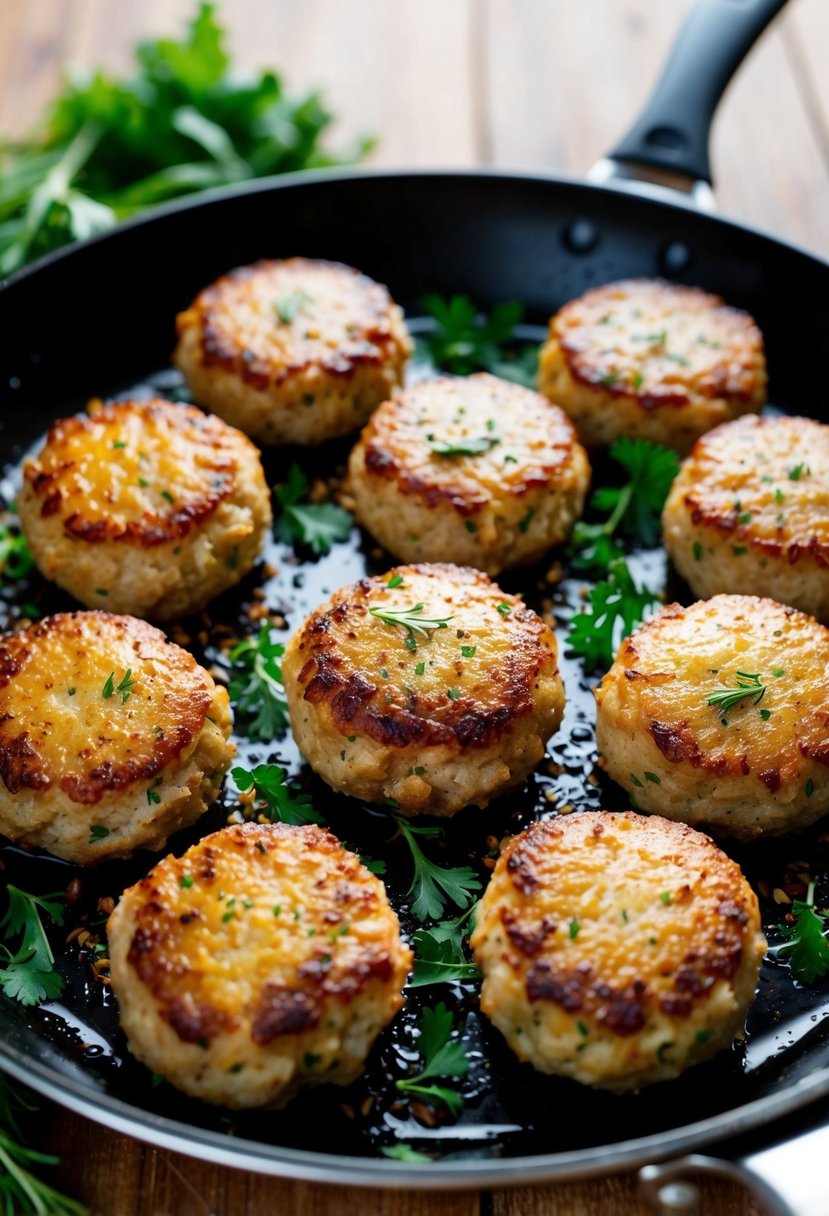 A platter of golden-brown sausage patties sizzling in a skillet, surrounded by fresh herbs and spices