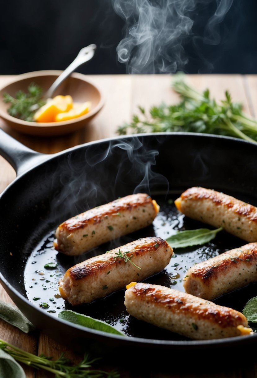 A skillet sizzles as sage and marjoram breakfast sausages cook, emitting a savory aroma