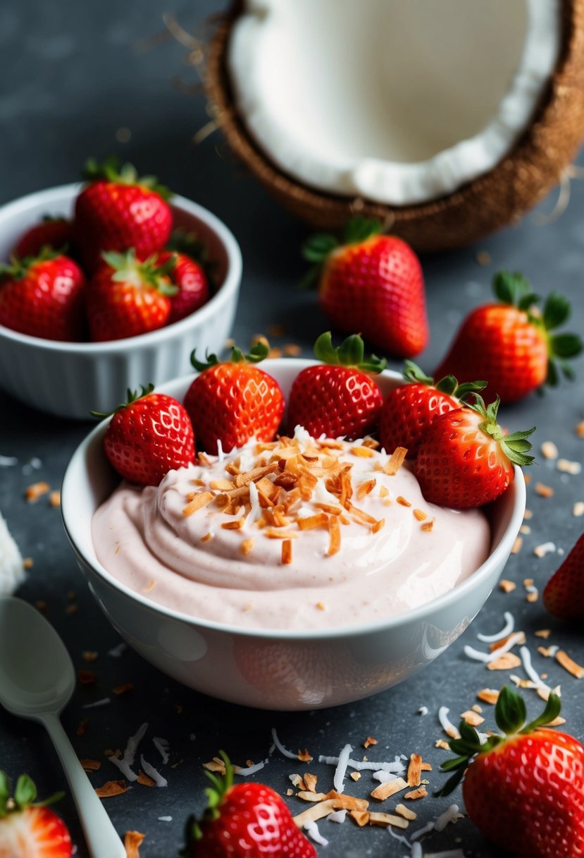 A bowl of creamy strawberry coconut yogurt surrounded by fresh strawberries and shredded coconut