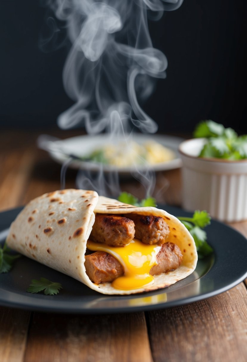 A sizzling sausage and egg breakfast burrito with steam rising