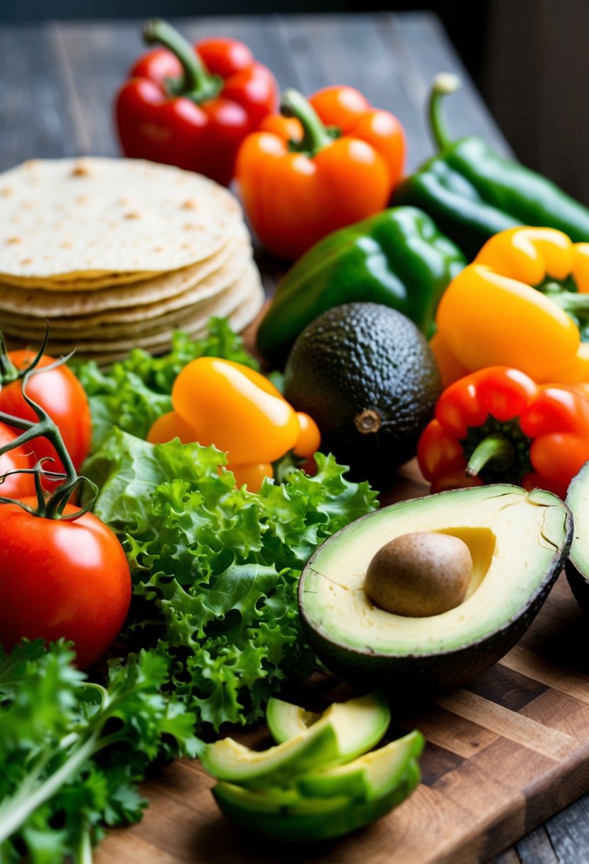 A colorful array of fresh vegetables, including tomatoes, lettuce, bell peppers, and avocados, laid out on a wooden cutting board next to a stack of corn tortillas