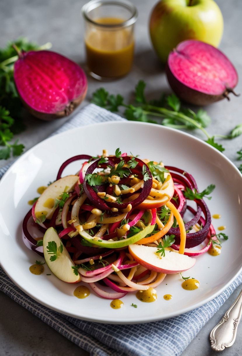 A colorful spiralized beet and apple salad arranged on a white plate, garnished with fresh herbs and drizzled with vinaigrette