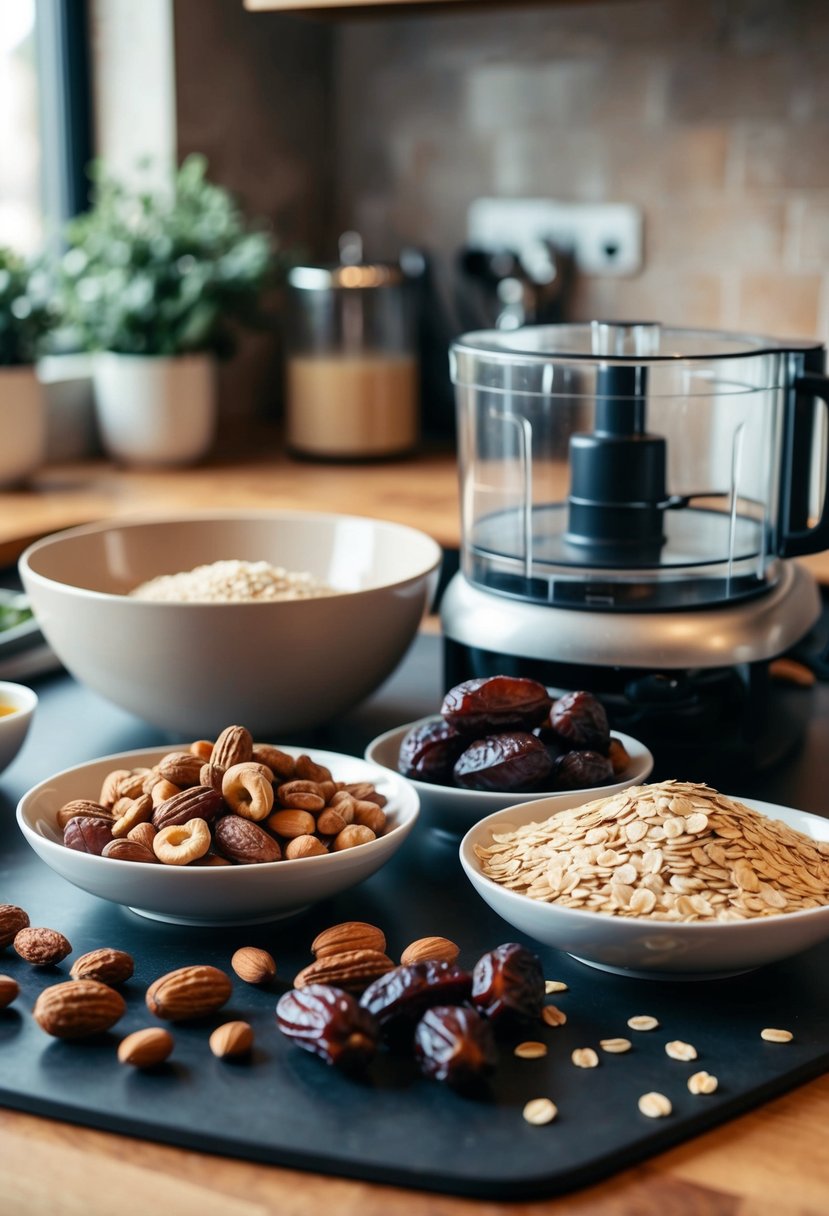 A kitchen counter with assorted nuts, dates, and oats. A food processor and mixing bowl sit nearby