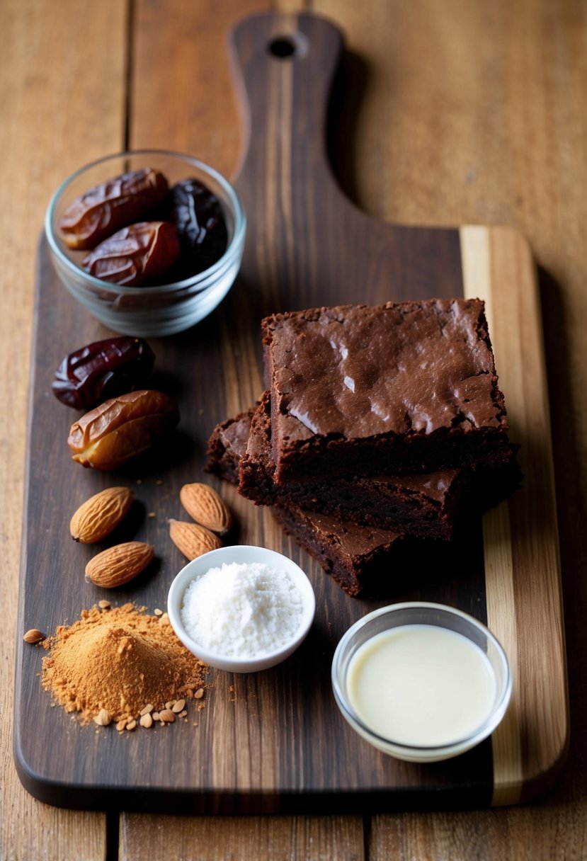 A wooden cutting board with ingredients for gooey raw brownies: dates, almonds, cocoa powder, and coconut oil