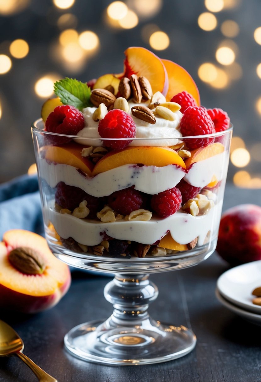 A glass parfait dish filled with layers of peach and raspberry cream, topped with fresh fruit and nuts