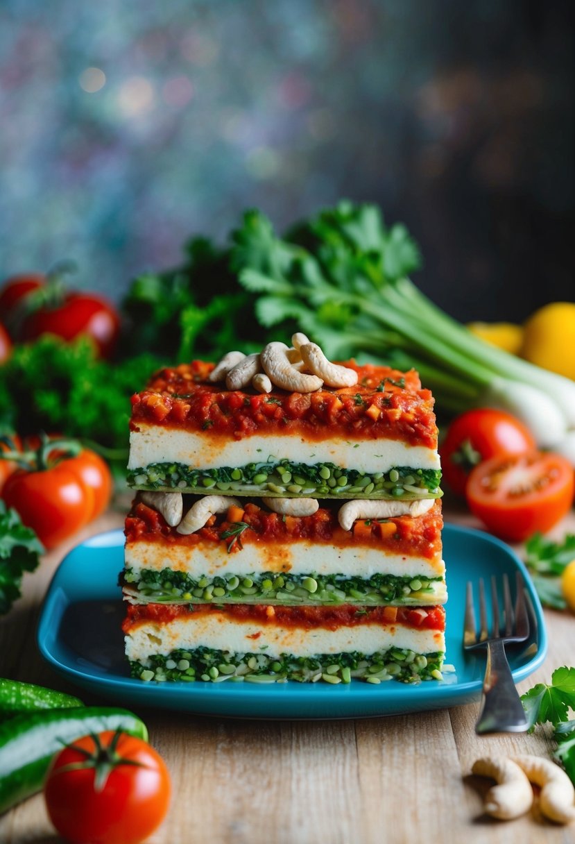 A colorful array of fresh vegetables, neatly arranged in layers, with vibrant tomato sauce and creamy cashew cheese, ready to be assembled into a raw vegan lasagne