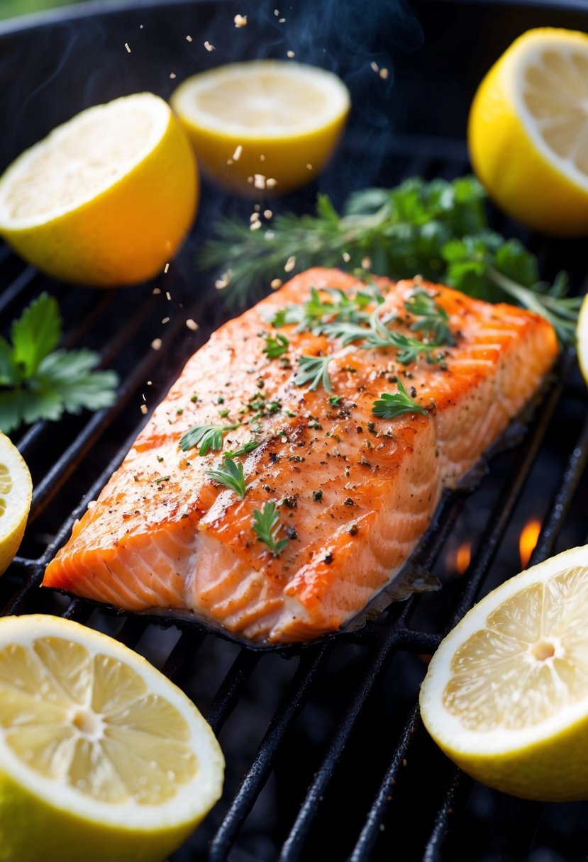 A sizzling salmon fillet cooking on a grill, surrounded by lemon wedges, fresh herbs, and a sprinkle of seasoning