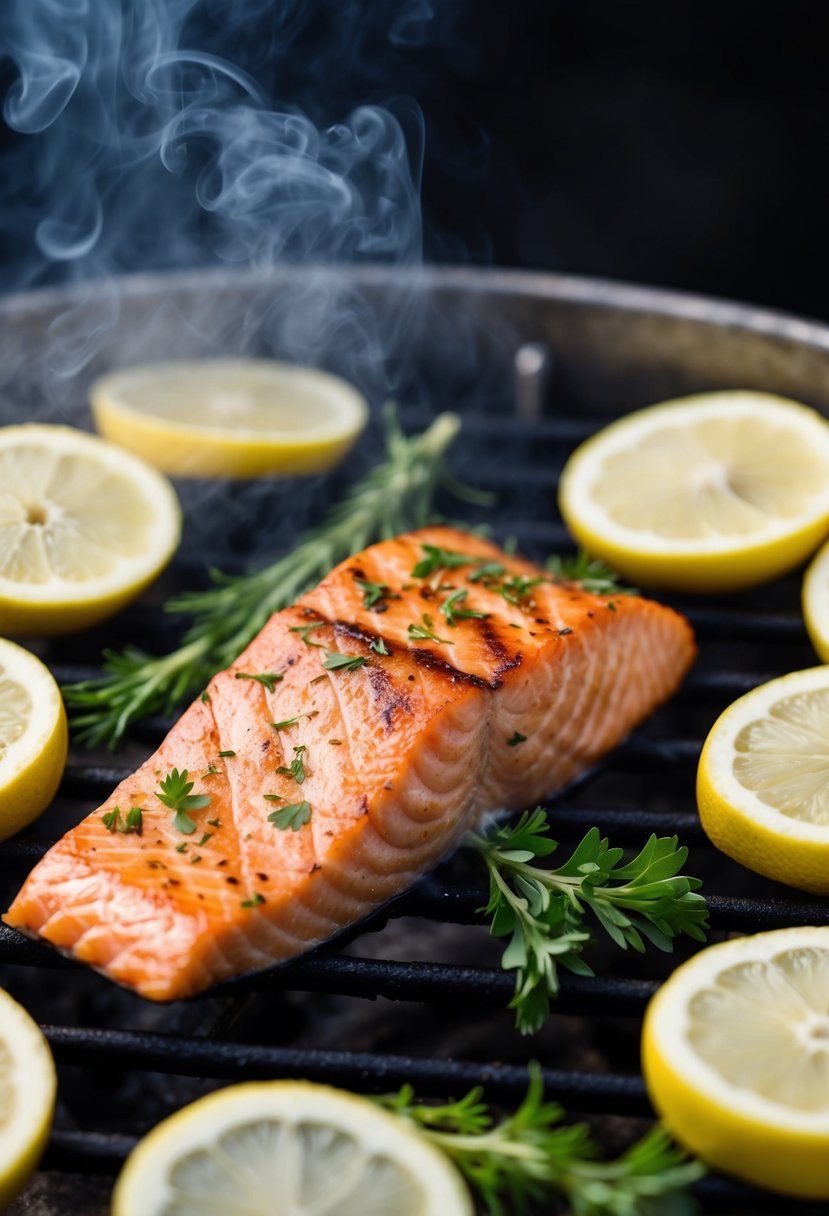 A piece of salmon on a grill, surrounded by lemon slices and fresh herbs, with smoke rising from the sizzling fish