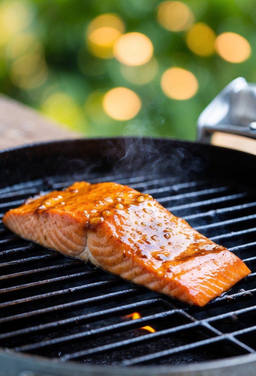 A succulent salmon fillet coated in a glossy honey chipotle glaze sizzling on a hot grill