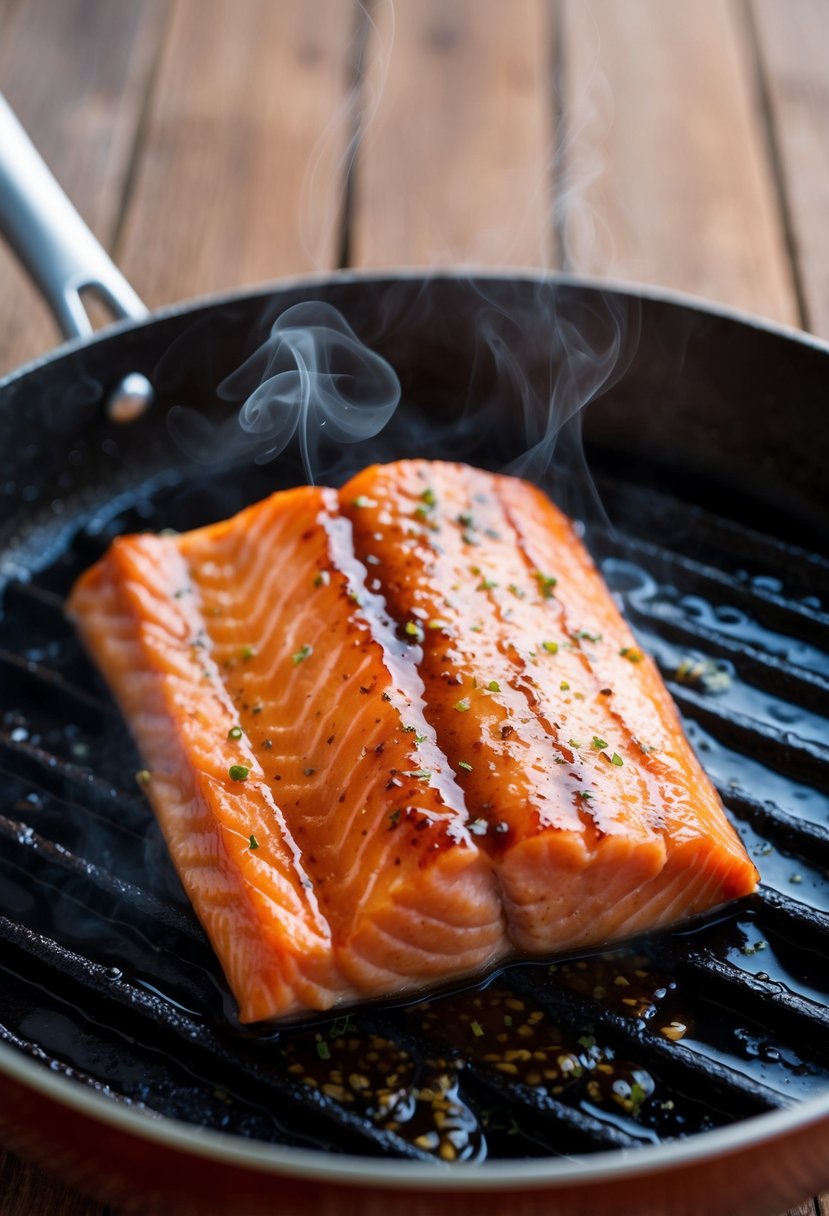 A fillet of salmon marinating in soy sauce, surrounded by grill marks, with a hint of steam rising from the sizzling fish