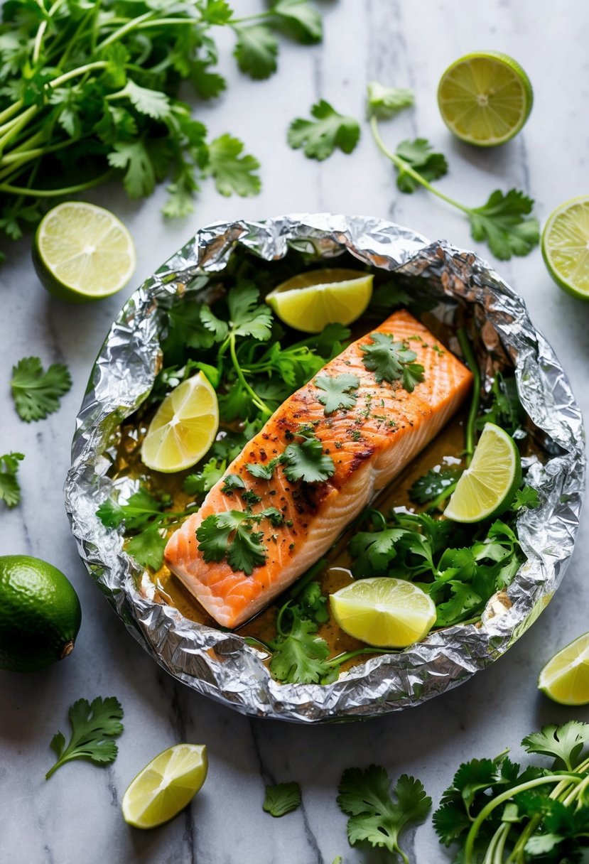 A foil pack of grilled salmon with cilantro and lime, surrounded by a scattering of fresh herbs and wedges of lime