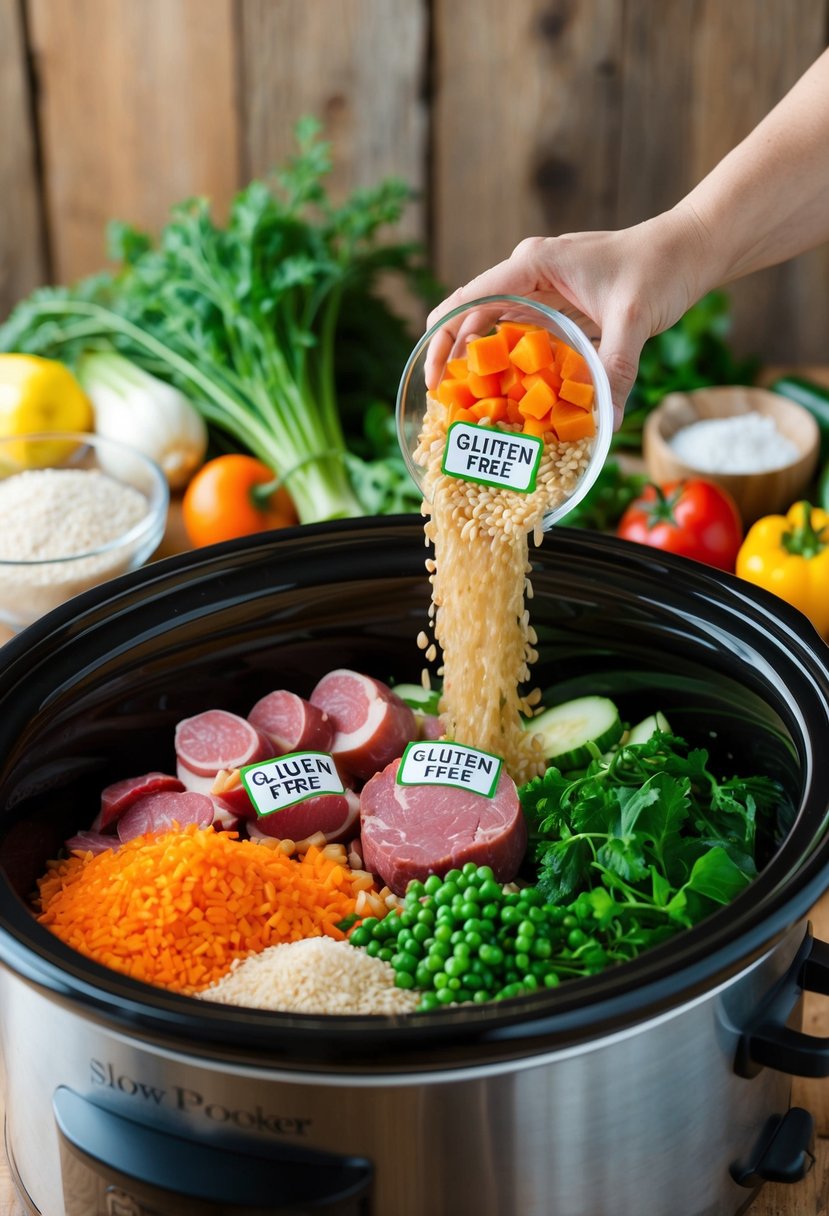 A variety of fresh vegetables, meats, and grains being added to a slow cooker, with gluten-free labels on the ingredients