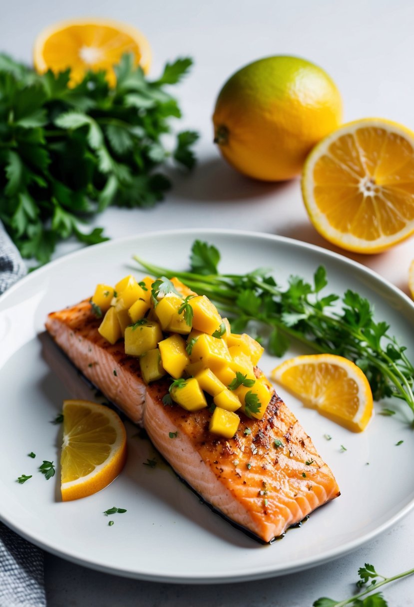 A succulent piece of grilled salmon topped with vibrant mango salsa, surrounded by fresh herbs and citrus slices on a clean, white plate