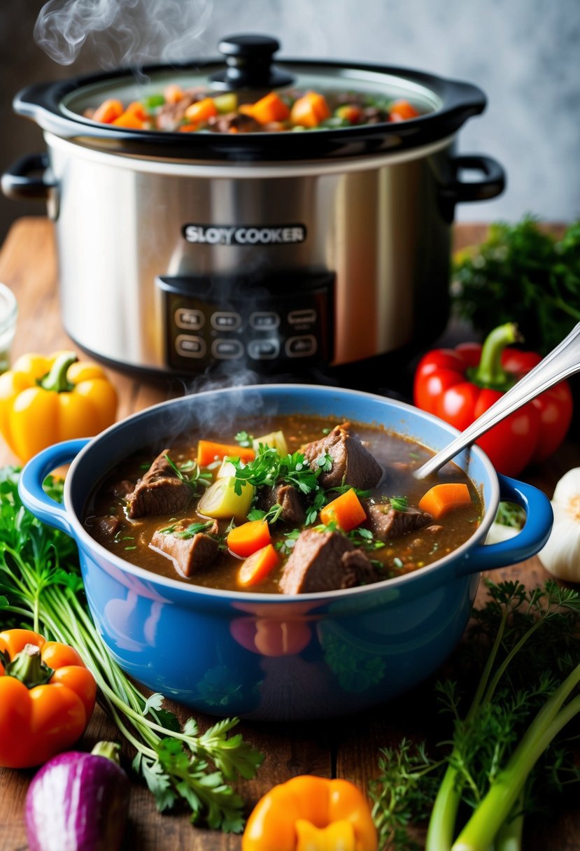 A steaming pot of beef stew surrounded by colorful vegetables and herbs, with a slow cooker in the background