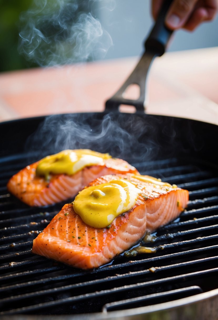 A juicy salmon fillet sizzling on a hot grill, slathered in a tangy Dijon mustard glaze, emitting a mouthwatering aroma