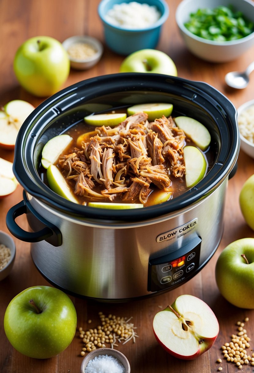 A slow cooker filled with pulled pork and sliced apples, surrounded by various gluten free ingredients