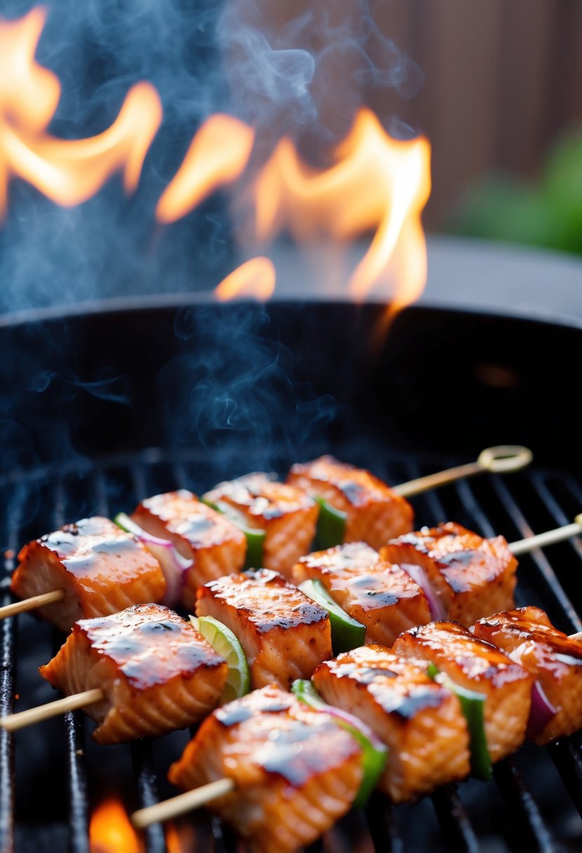 Grilled salmon skewers with teriyaki glaze on a sizzling hot grill