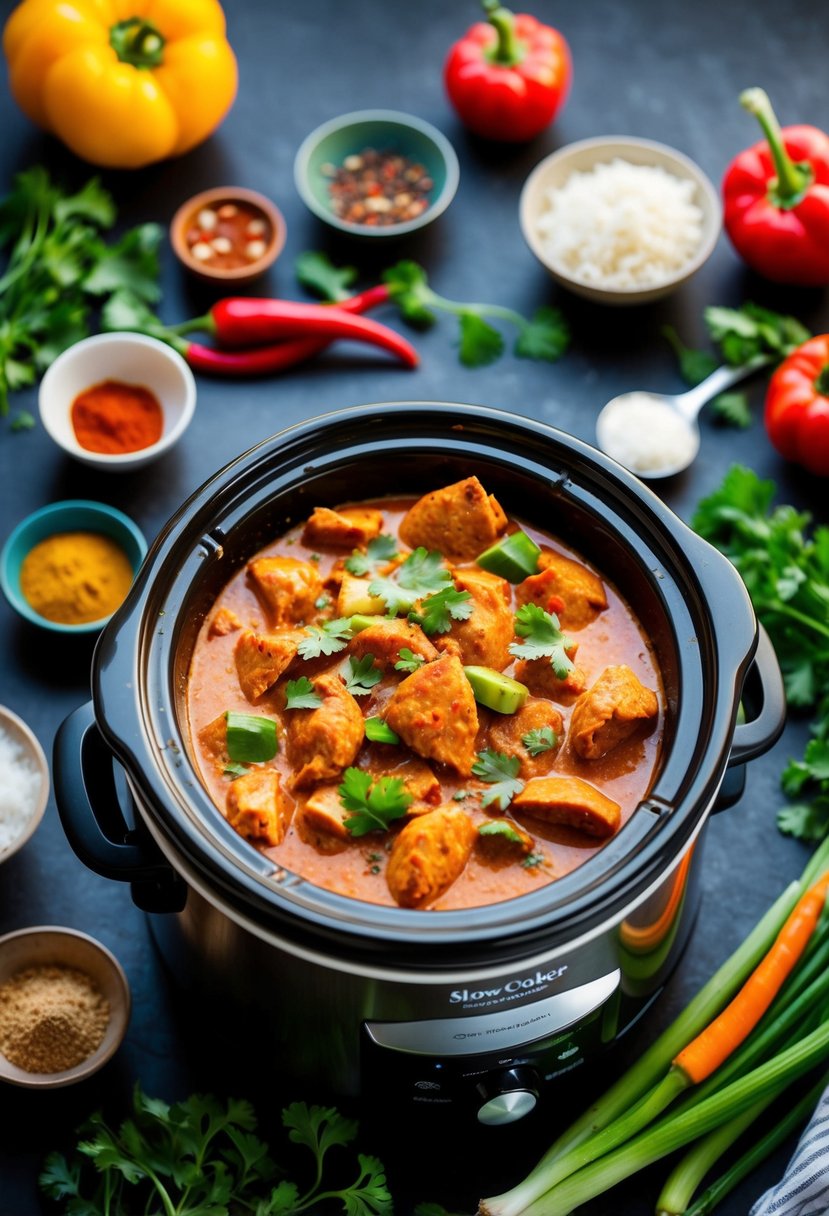 A slow cooker filled with gluten-free Chicken Tikka Masala ingredients, surrounded by vibrant spices and fresh vegetables