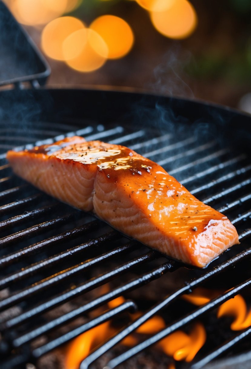 A succulent salmon fillet glistening with sweet maple glaze sizzling on a hot grill