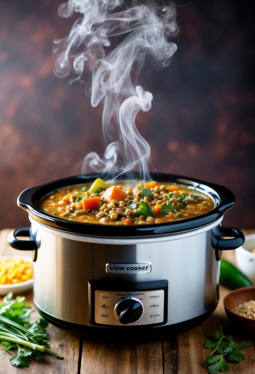 A slow cooker filled with colorful lentil vegetable curry bubbling and releasing aromatic steam