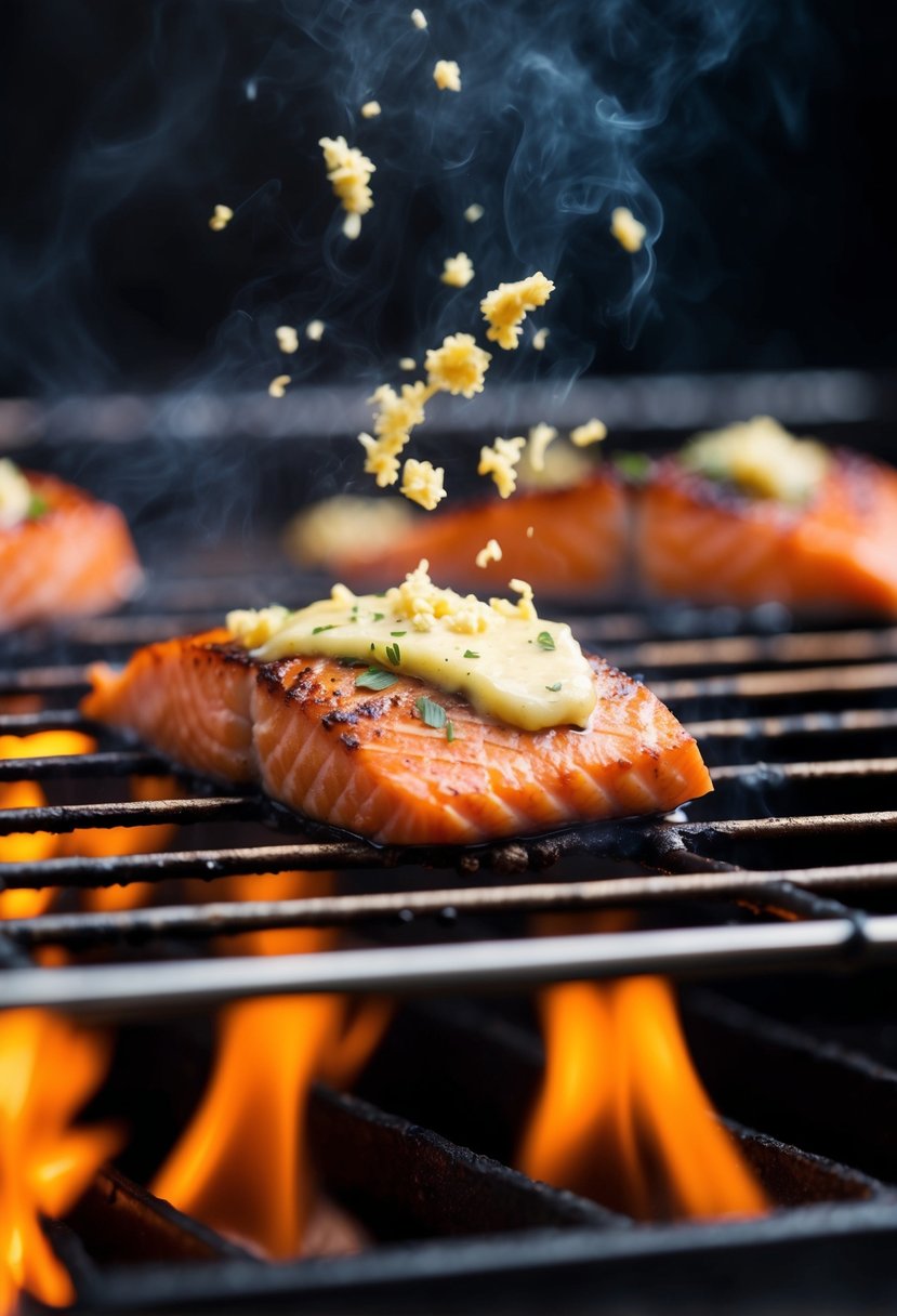 A piece of salmon sizzling on a hot grill, coated in garlic butter and emitting a mouthwatering aroma