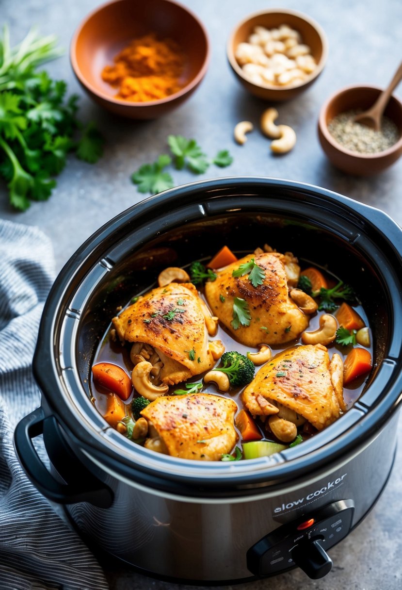 A slow cooker filled with gluten-free cashew chicken simmering with vegetables and aromatic spices