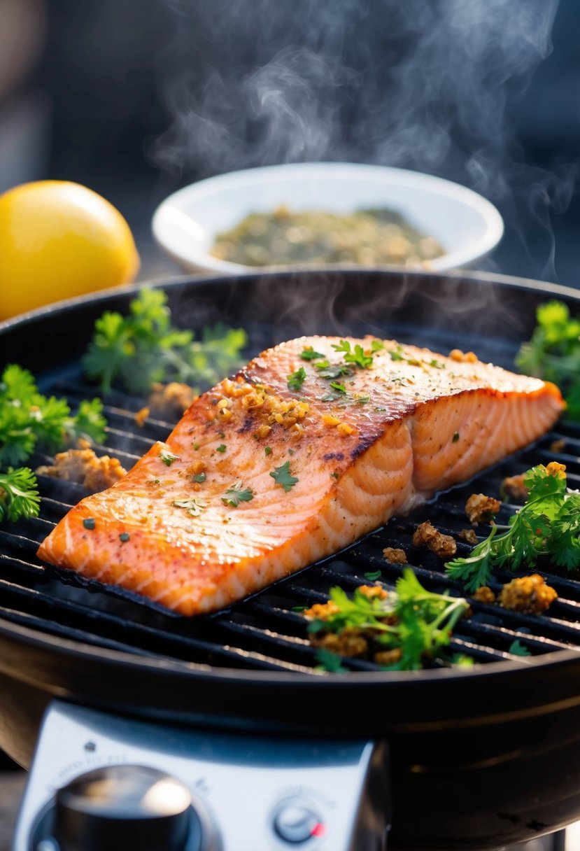 A sizzling Cajun grilled salmon fillet on a hot grill, surrounded by aromatic herbs and spices