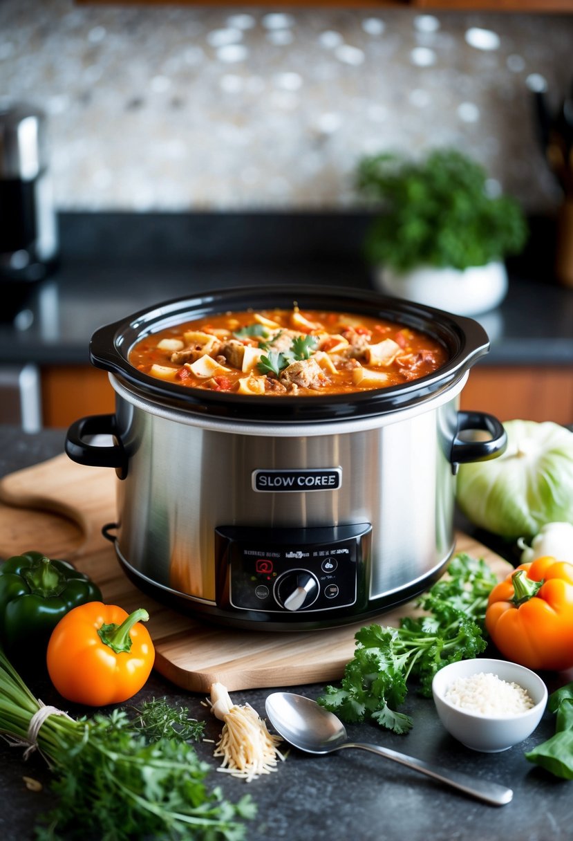 A slow cooker filled with gluten-free lasagna soup, surrounded by fresh vegetables and herbs on a kitchen counter