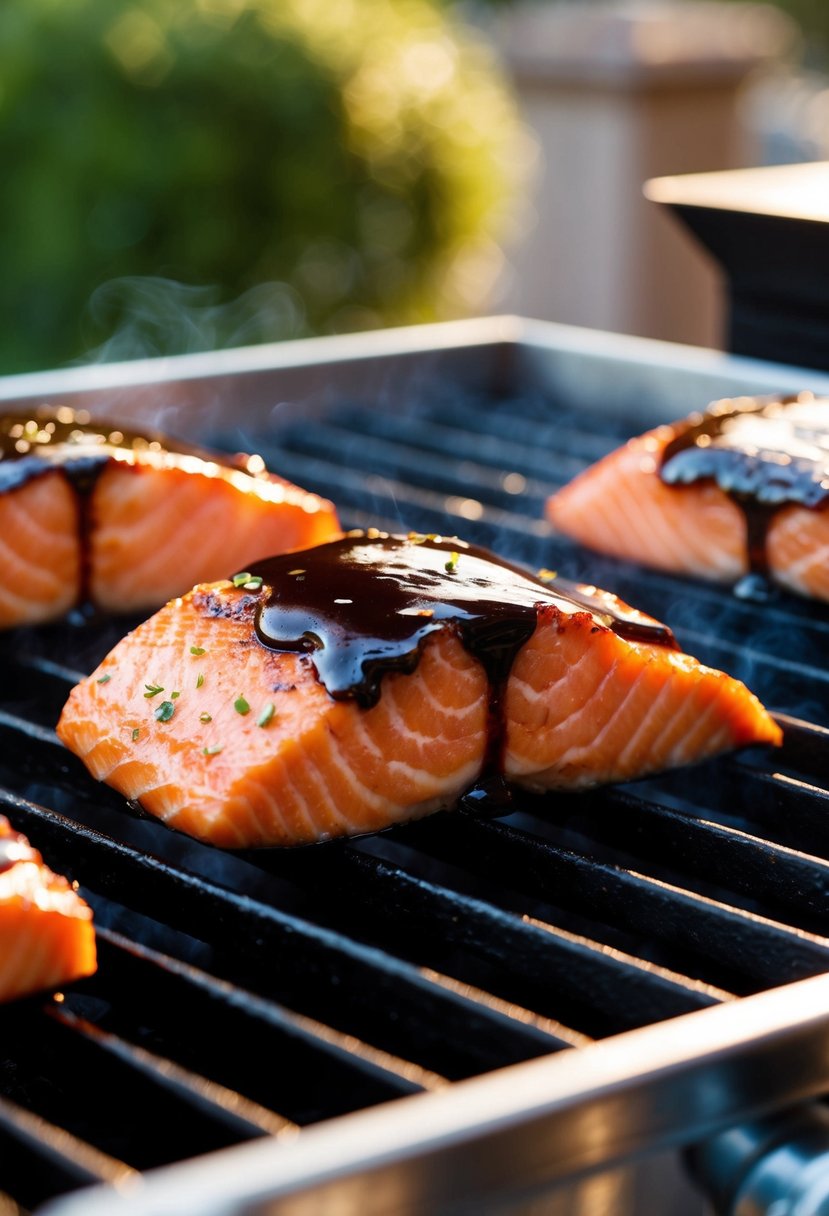 A succulent salmon fillet glistening with a rich balsamic glaze, sizzling on a hot grill