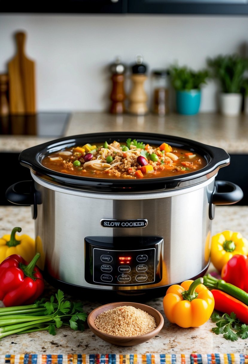 A slow cooker filled with turkey and quinoa chili, surrounded by colorful vegetables and spices on a kitchen counter