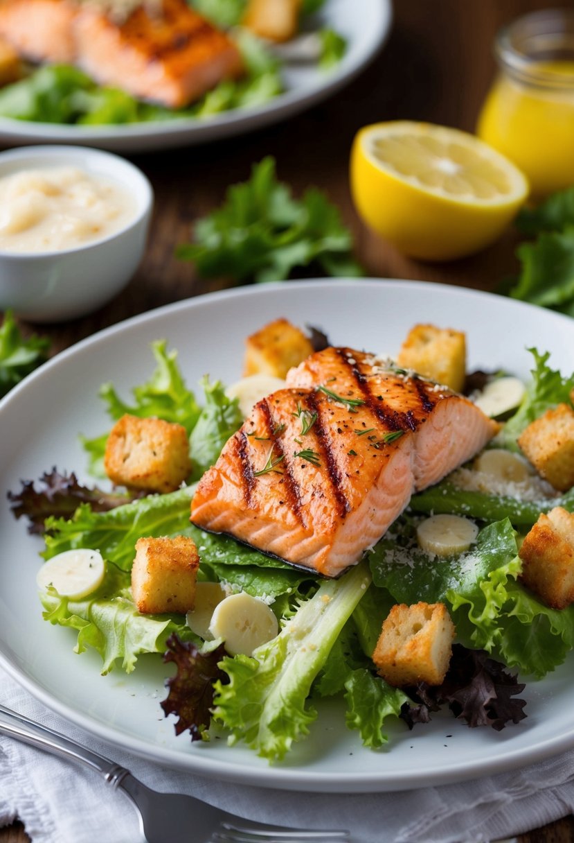 A plate of grilled salmon caesar salad with fresh lettuce, croutons, parmesan cheese, and a generous portion of grilled salmon on top