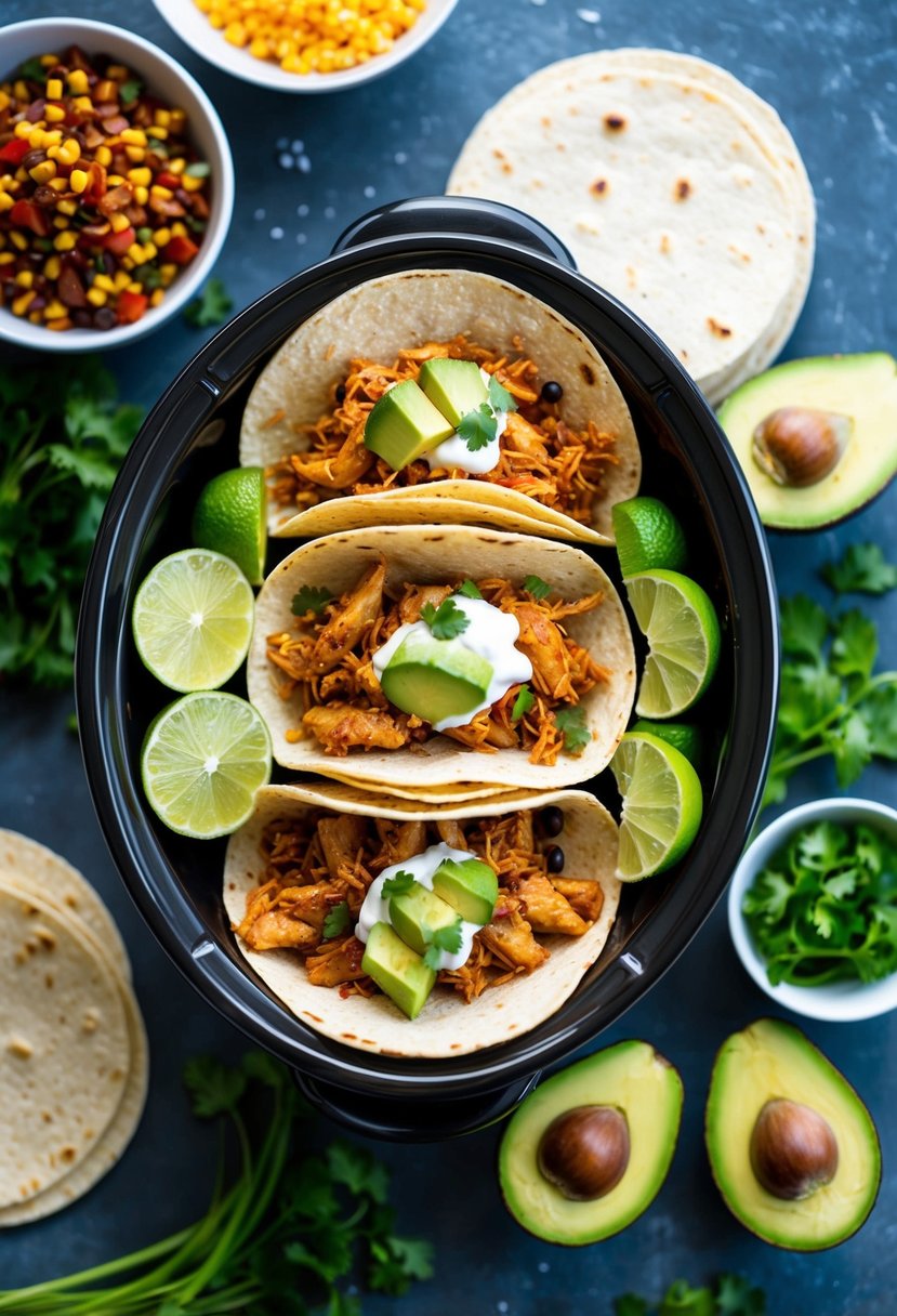 A slow cooker with chili-lime chicken tacos surrounded by gluten-free ingredients like corn tortillas, avocado, and fresh vegetables