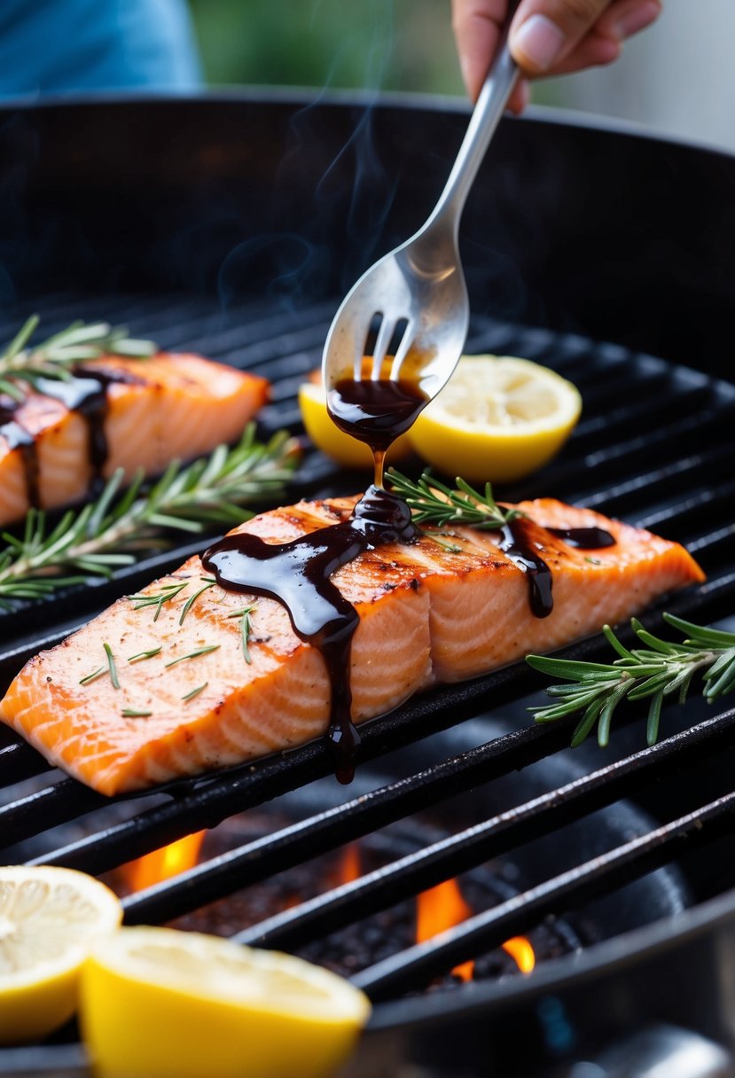 A succulent salmon fillet drizzled with rosemary and balsamic glaze sizzling on a hot grill