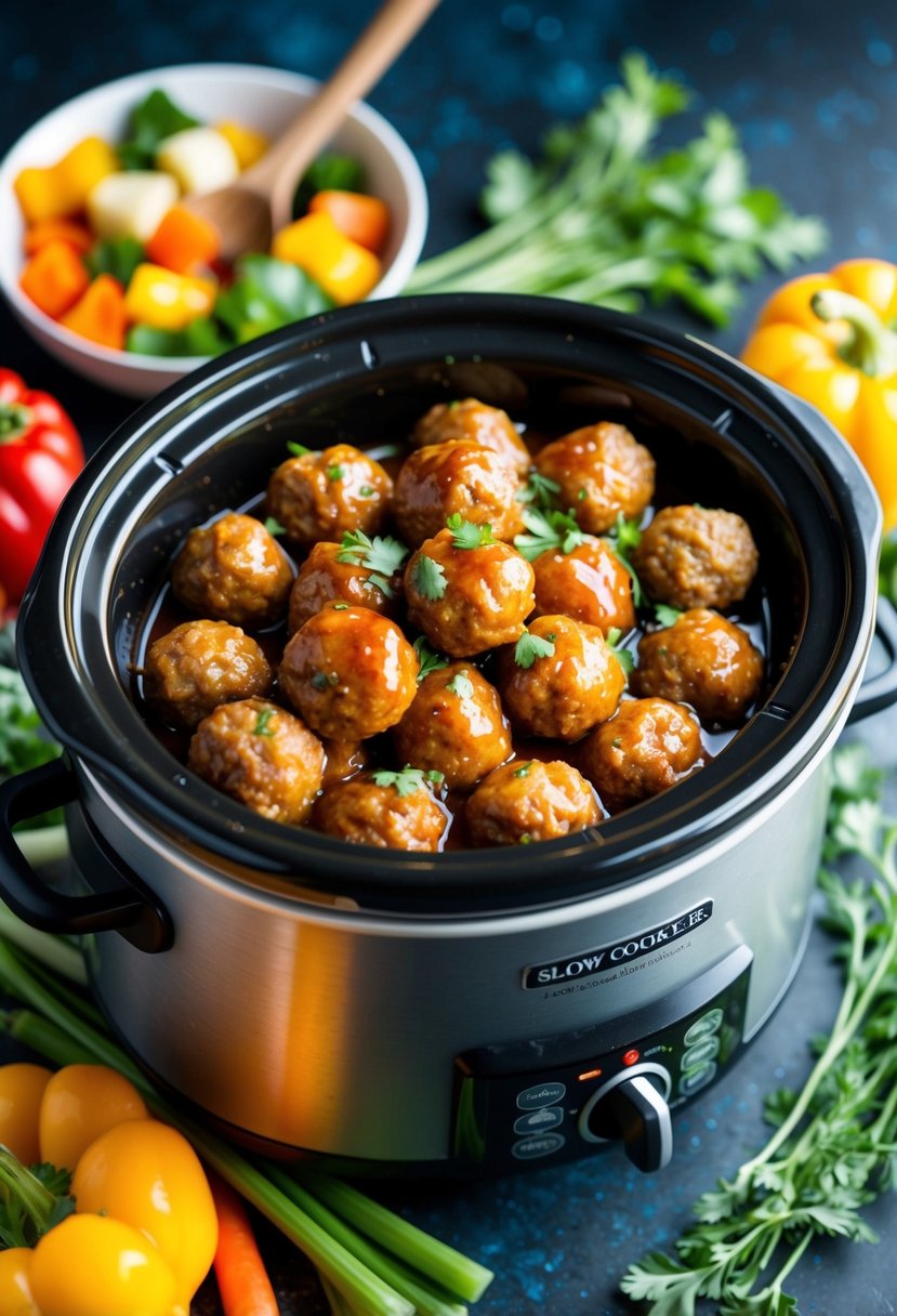 A slow cooker filled with gluten-free sweet and sour meatballs, surrounded by colorful vegetables and herbs