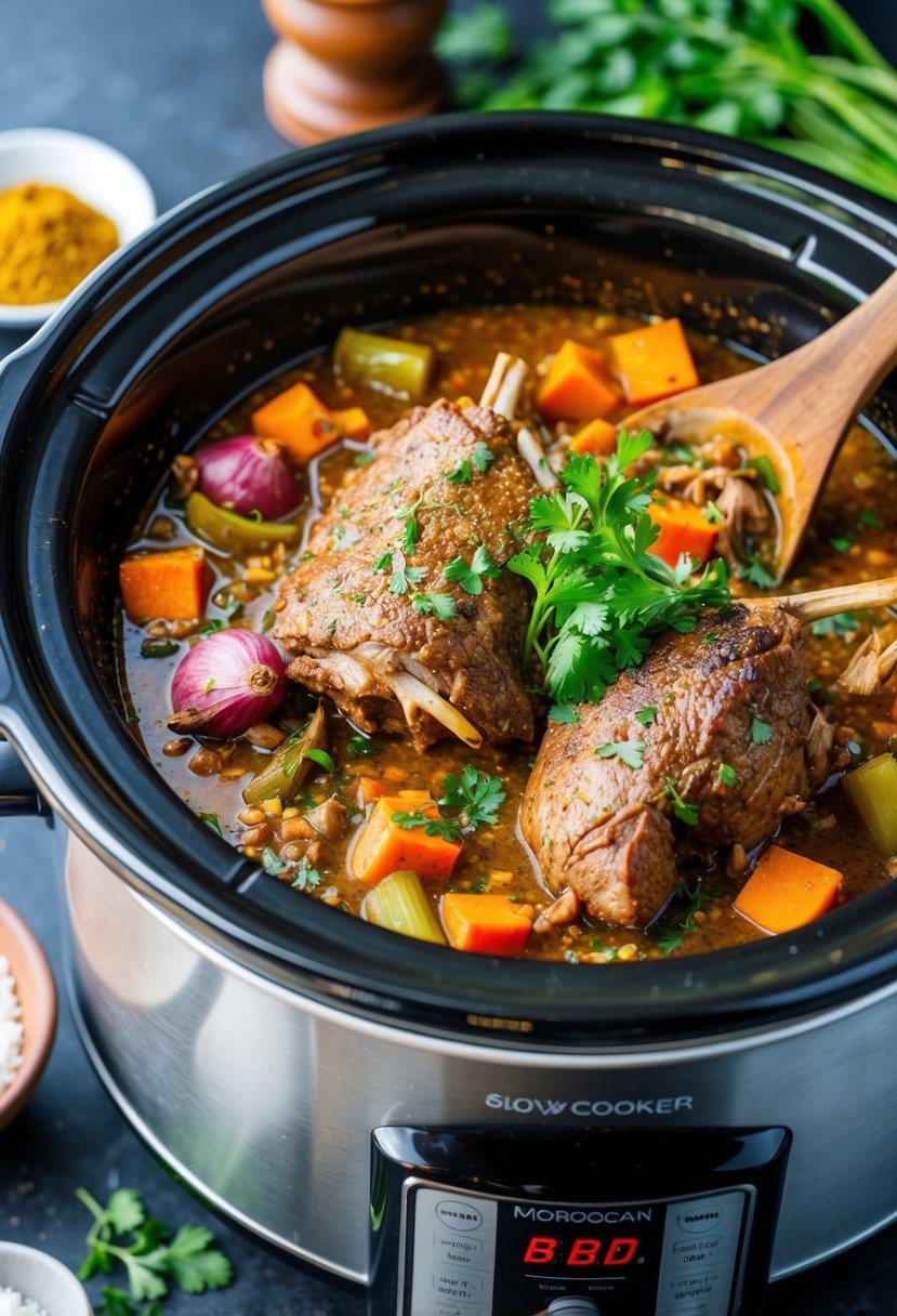 A slow cooker filled with Moroccan lamb tagine ingredients. Aromatic spices, tender lamb, and vegetables simmering together