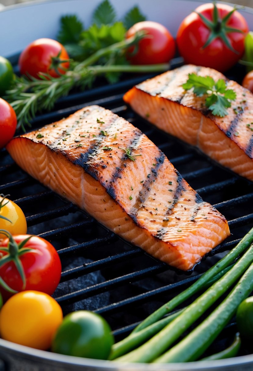 A sizzling salmon fillet on a grill with charred grill marks, surrounded by colorful Mediterranean vegetables and herbs