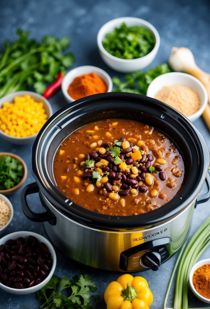 A slow cooker filled with spicy black bean soup surrounded by gluten-free ingredients like beans, vegetables, and spices